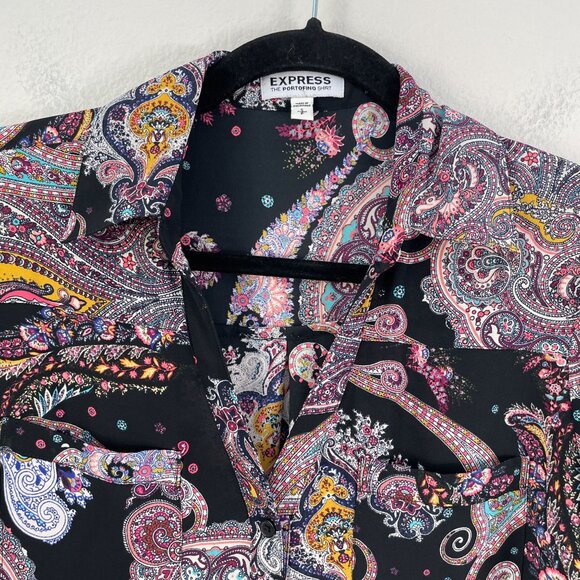 EXPRESS Portofino Shirt Womens Small Paisley Button Up Roll Tab Sleeve Blouse - Picture 2 of 8